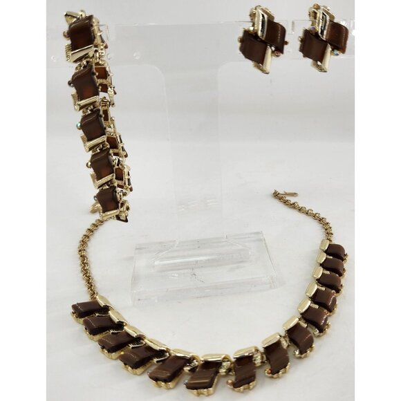 Vintage 1950s Root Beer Brown Rhinestone Necklace Bracelet Earrings Set - Picture 2 of 7